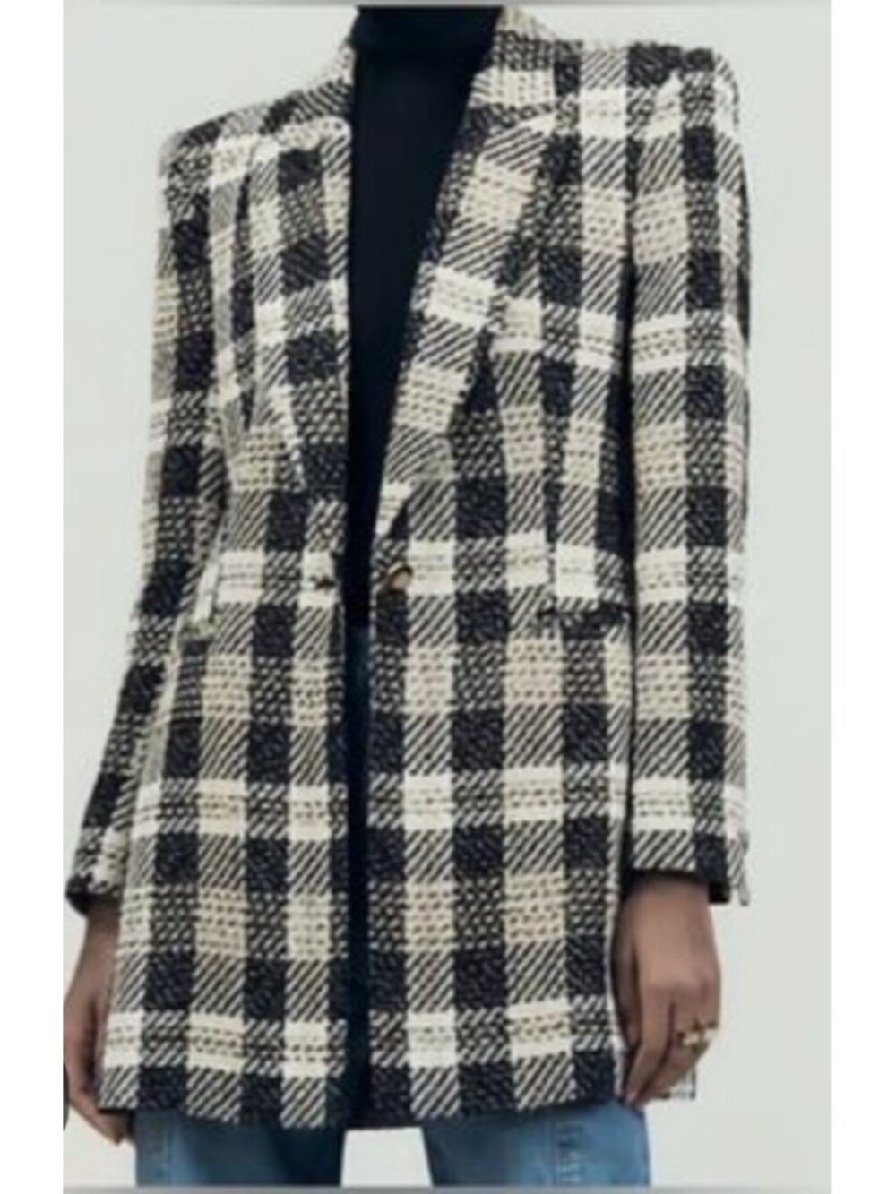 ZARA Tweed Plaid Longline Blazer Black Ecru Gold Buttons Size S
